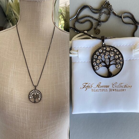 FAC Hematite Tree Of Life Swarovski Crystal Necklace - Picture 1 of 6